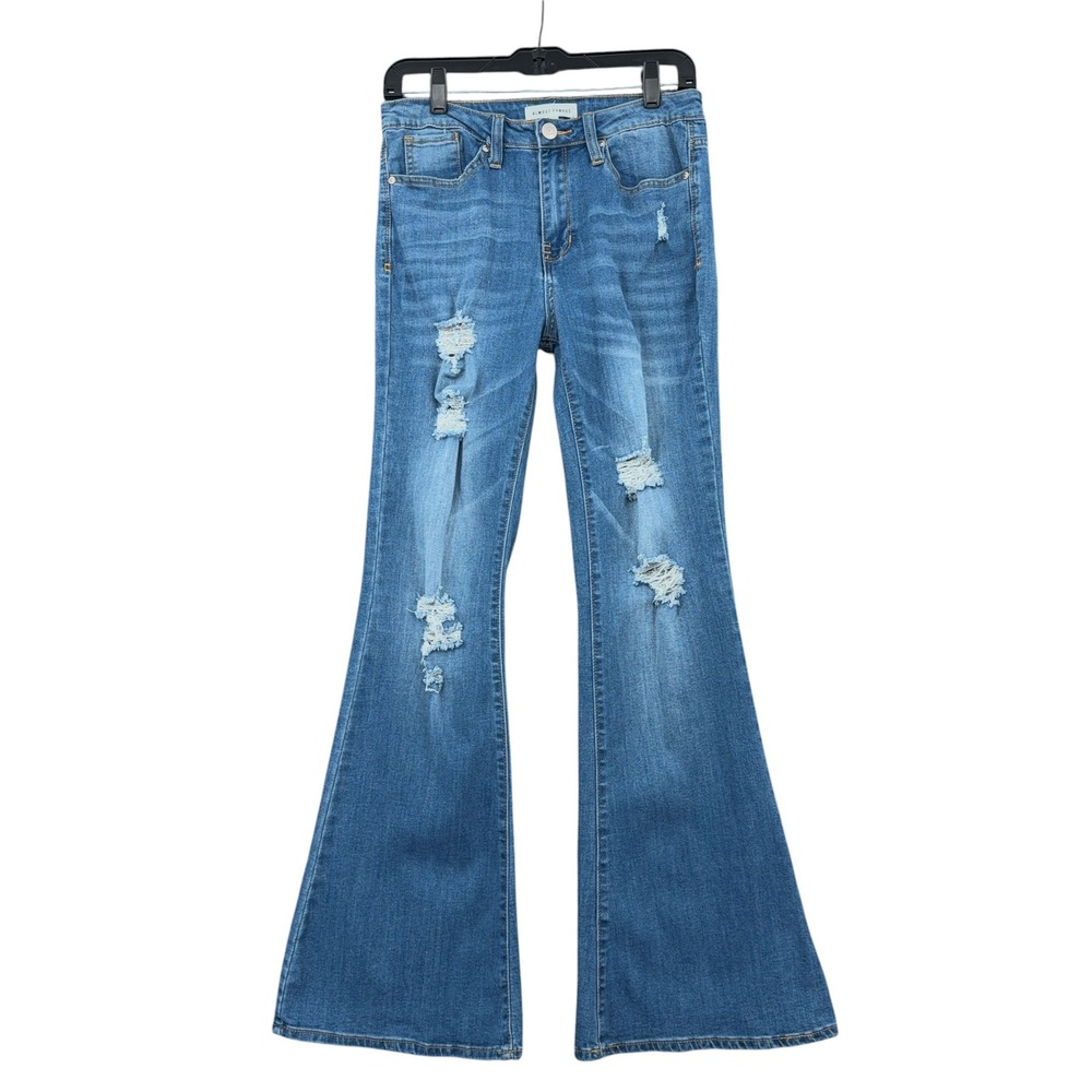 Almost Famous Distressed Flare Jeans Women Size 7 Cotton Blend Blue‎
